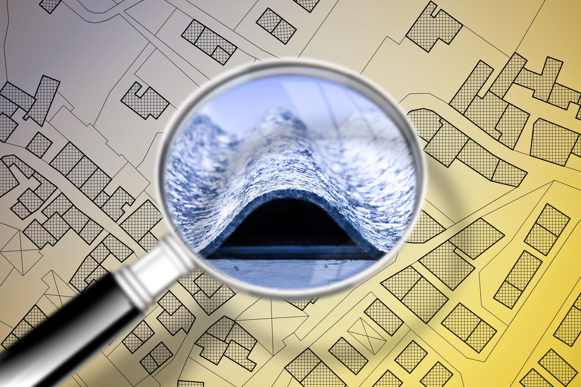 Mapping Asbestos-Cement Roofing, one of the most dangerous construction materials, in the buildings of our city - concept image with a magnifying glass agaisnt an imaginary city map